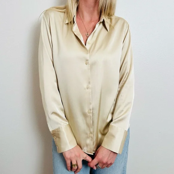 New Abercrombie & Fitch Cream Satin Elegant Long Sleeve Button Down Shirt - Picture 10 of 15